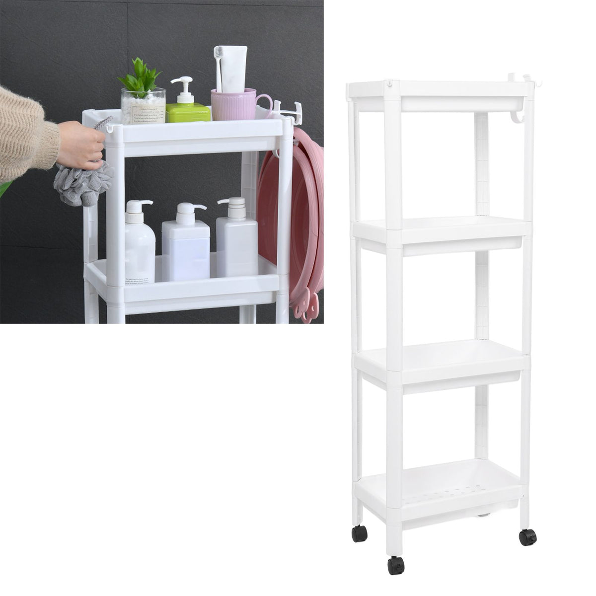 Bathroom Tower Shelf Plastic Freestanding Storage Rack Organizer Multifunctional Shelving Unit for Living Room Bedroom Kitchen White 4 Layers (with Wheel)