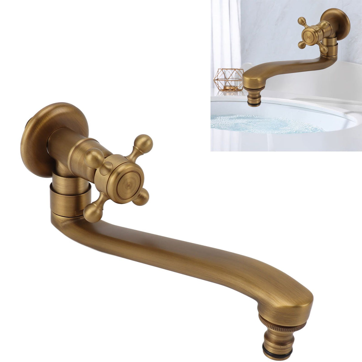 Antique Garden Faucet with Extended Spout Antifreezing Copper Wall Mount Single Cold Water Tap for Washing Sharp Spout