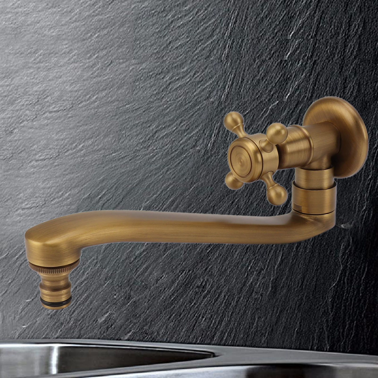 Antique Garden Faucet with Extended Spout Antifreezing Copper Wall Mount Single Cold Water Tap for Washing Sharp Spout