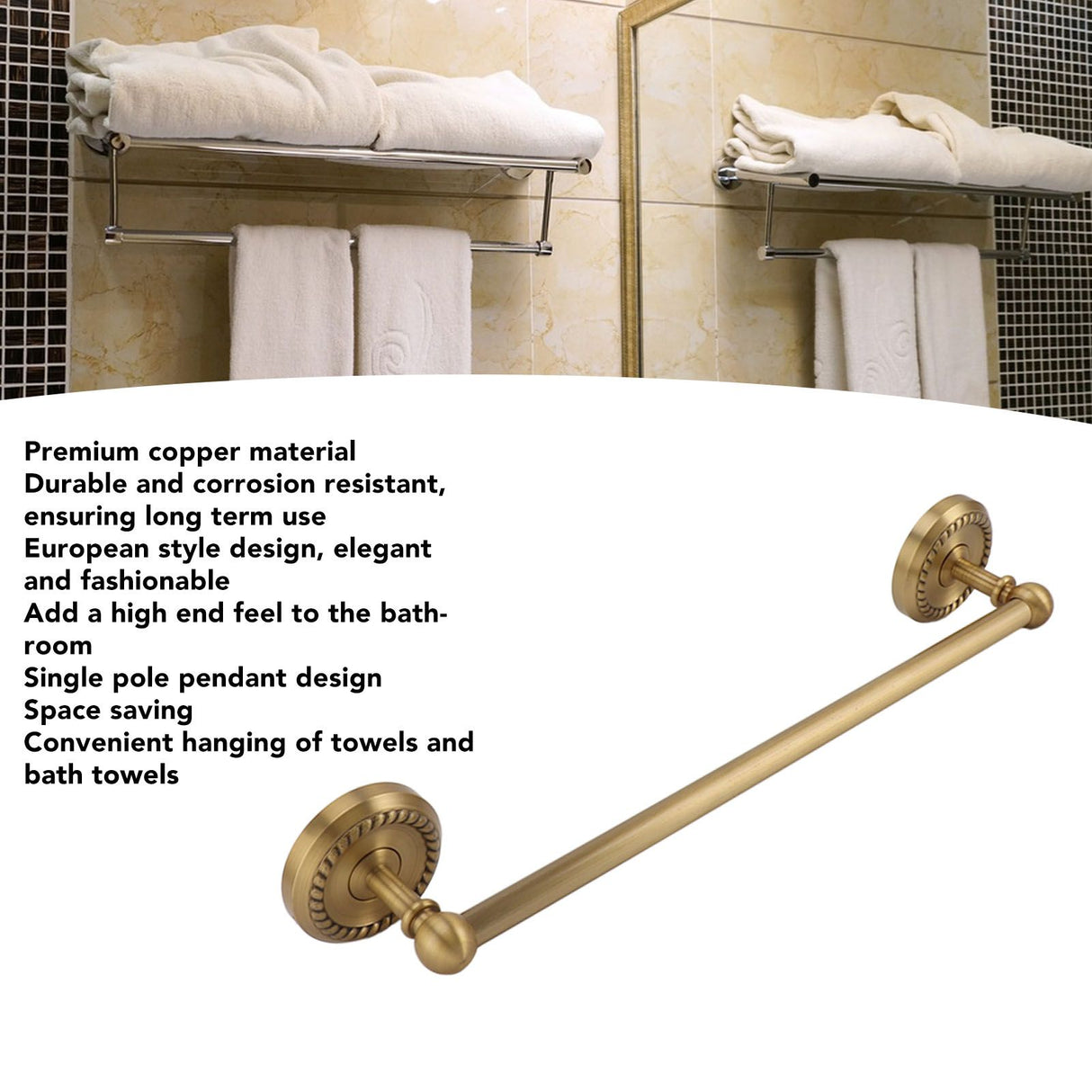 All Copper Bathroom Towel Bar European Style Wall Mounted Towel Rack for Bathroom 41cm Antique Color