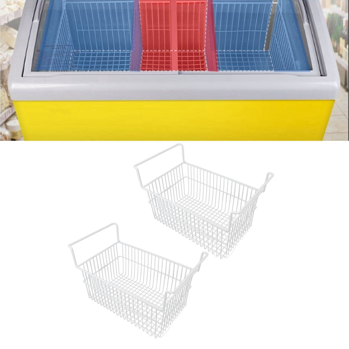 2Pcs Freezer Organizer Bins Steel Wire Large Capacity Strong Bearing Freezer Basket with Handle for Closet Countertops 56.5 X 25.2 X 24cm / 22.2 X 9.9 X 9.4in (L X W X H) with 7cm / 2.8in Handle