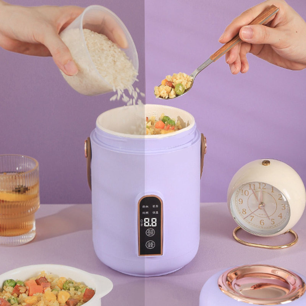 Mini Rice Cooker Efficient Heating Insulated Portable Multifunction Soup Porridge Stewpot for Home Office Dorm Purple