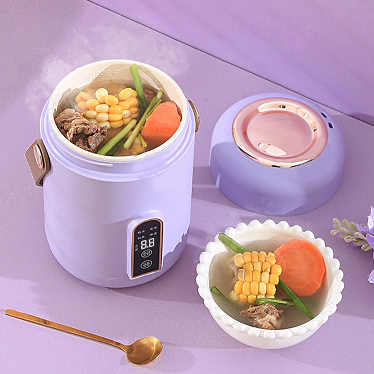 Mini Rice Cooker Efficient Heating Insulated Portable Multifunction Soup Porridge Stewpot for Home Office Dorm Purple