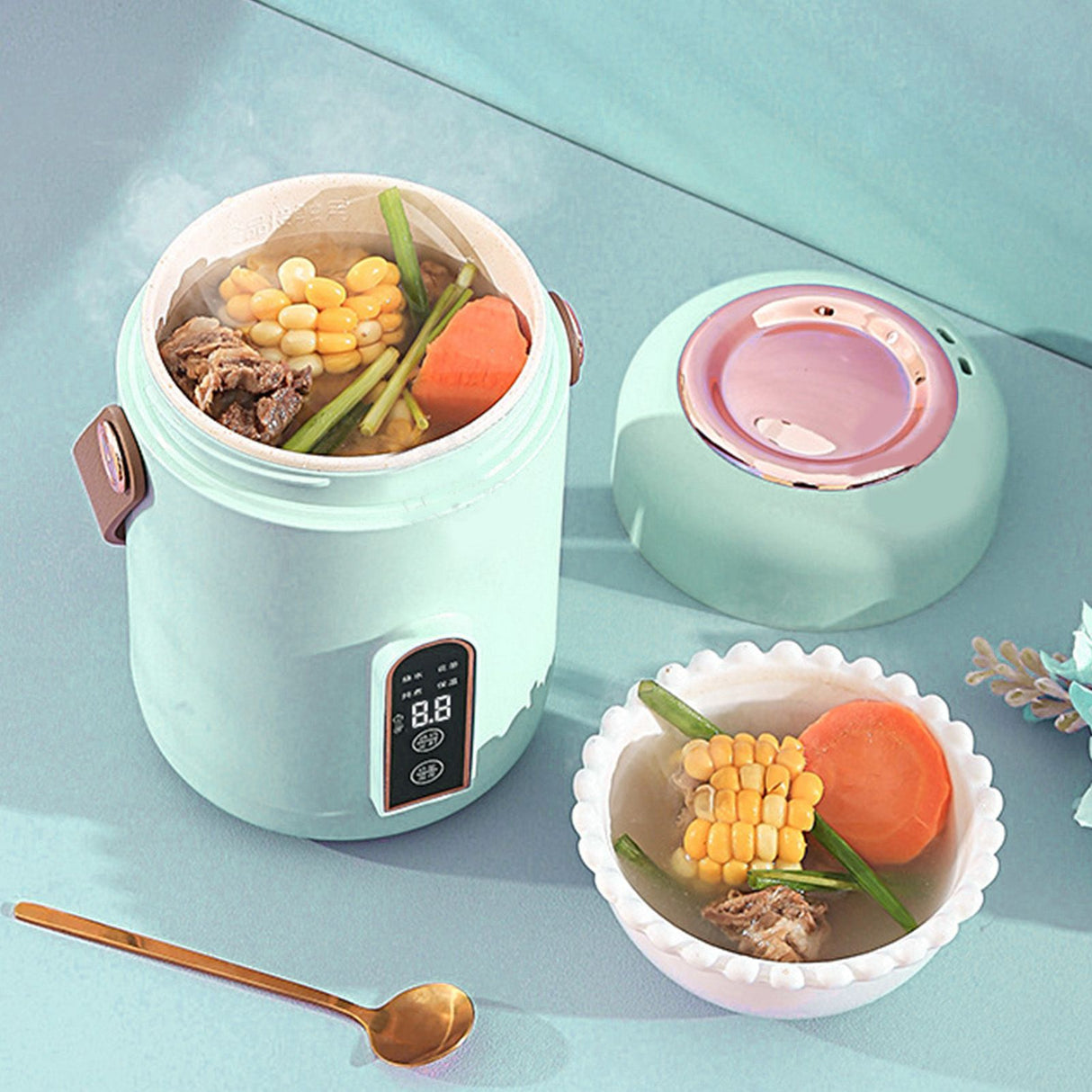 Mini Rice Cooker Efficient Heating Insulated Portable Multifunction Soup Porridge Stewpot for Home Office Dorm Green