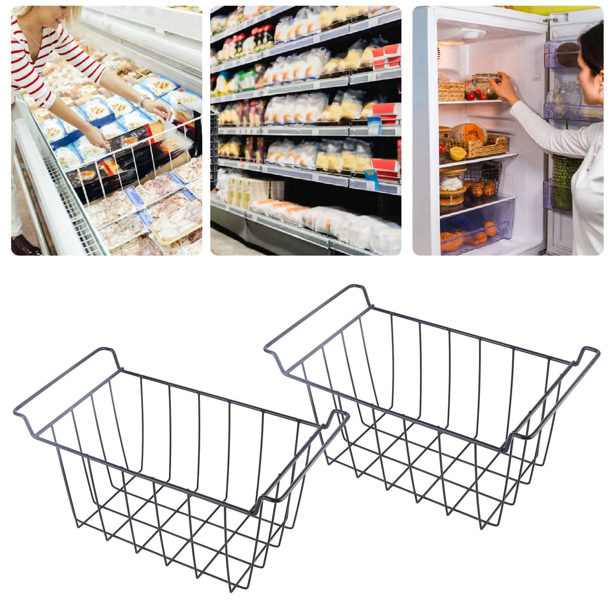 2 Pcs Freezer Wire Storage Basket PE Coated Hanging Rack Organizer Bin Black for Refrigerator Shelves L 39cm X W 20cm X H 20cm