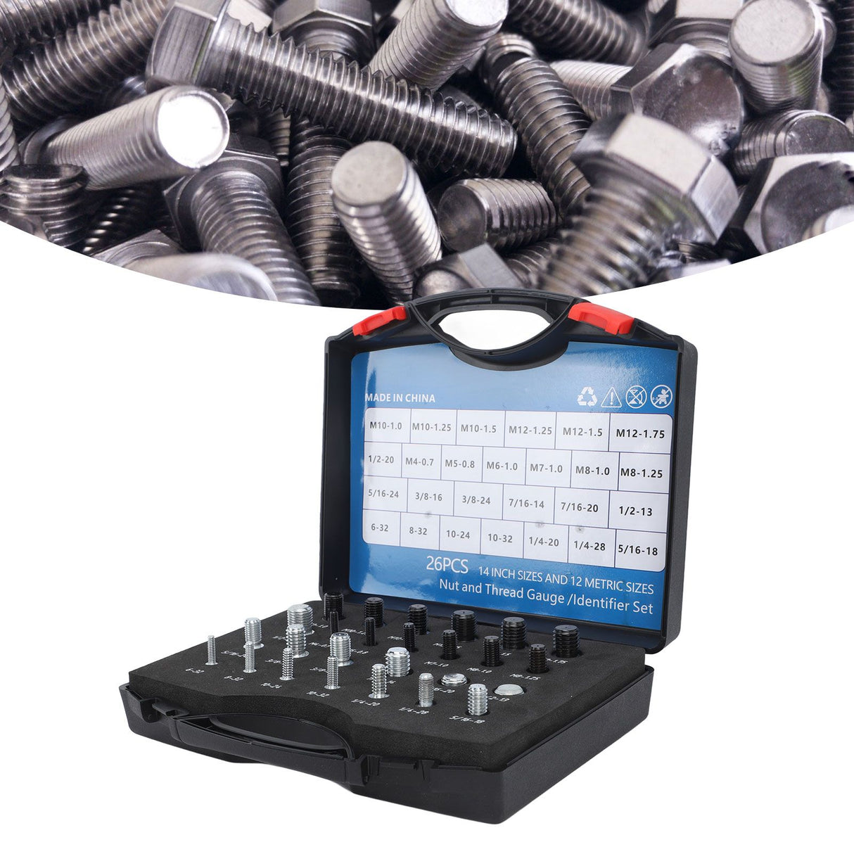 26 PCS Nut Bolt Thread Checker High Accuracy Carbon Steel ABS Nut and Bolt Thread Gauge Set for Detecting Fixed Bolts