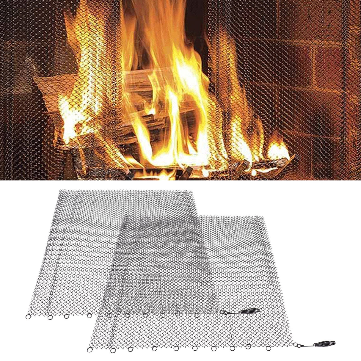 Fireplace Mesh Screen Curtain 2 Wide Panels Hanging Replacement Screens for Home Wood Burning Fireplace Black 24x20in