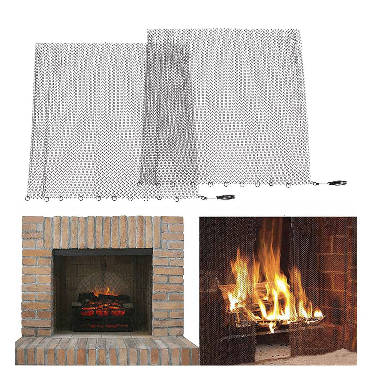 Fireplace Mesh Screen Curtain 2 Wide Panels Hanging Replacement Screens for Home Wood Burning Fireplace Black 24x20in