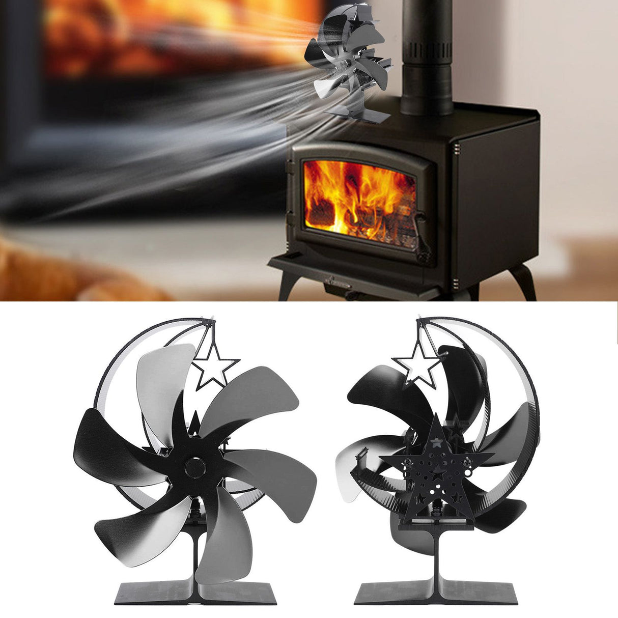 Stove Fan 6 Blades Fireplace Fan Heat Powered Fast Wind Circulation Half Moon Pattern Thermoeletric Fan for Log Burner Black