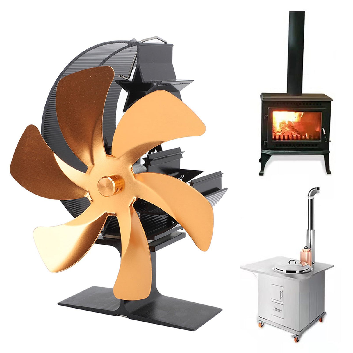 Stove Fan 6 Blades Fireplace Fan Heat Powered Fast Wind Circulation Half Moon Pattern Thermoeletric Fan for Log Burner Gold