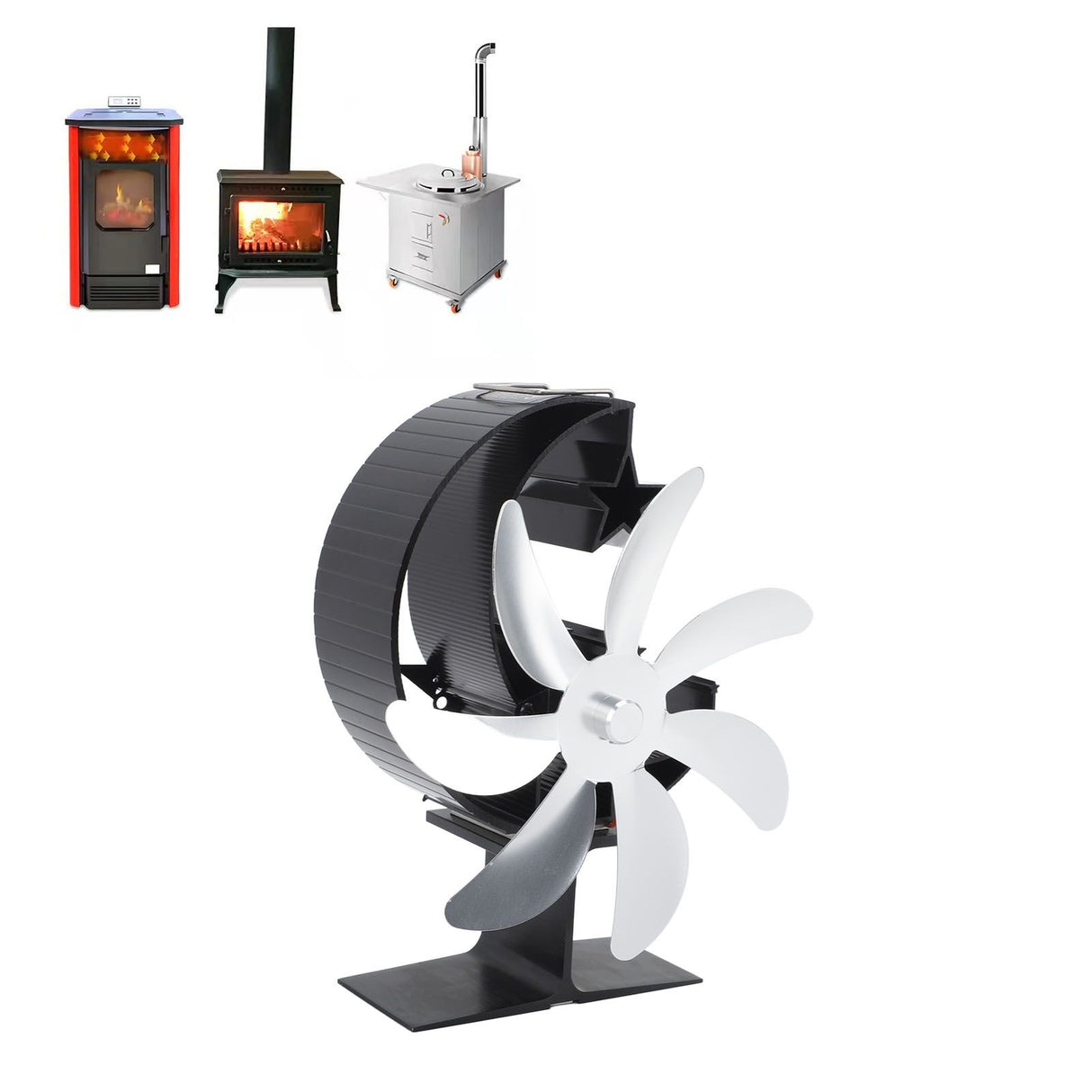 Heat Powered Stove Fan 7 Blade Moon Model Silent Operation Circulating Warm Air Highly Efficient Log Burner Fan For Wood Stove Accessories Silver