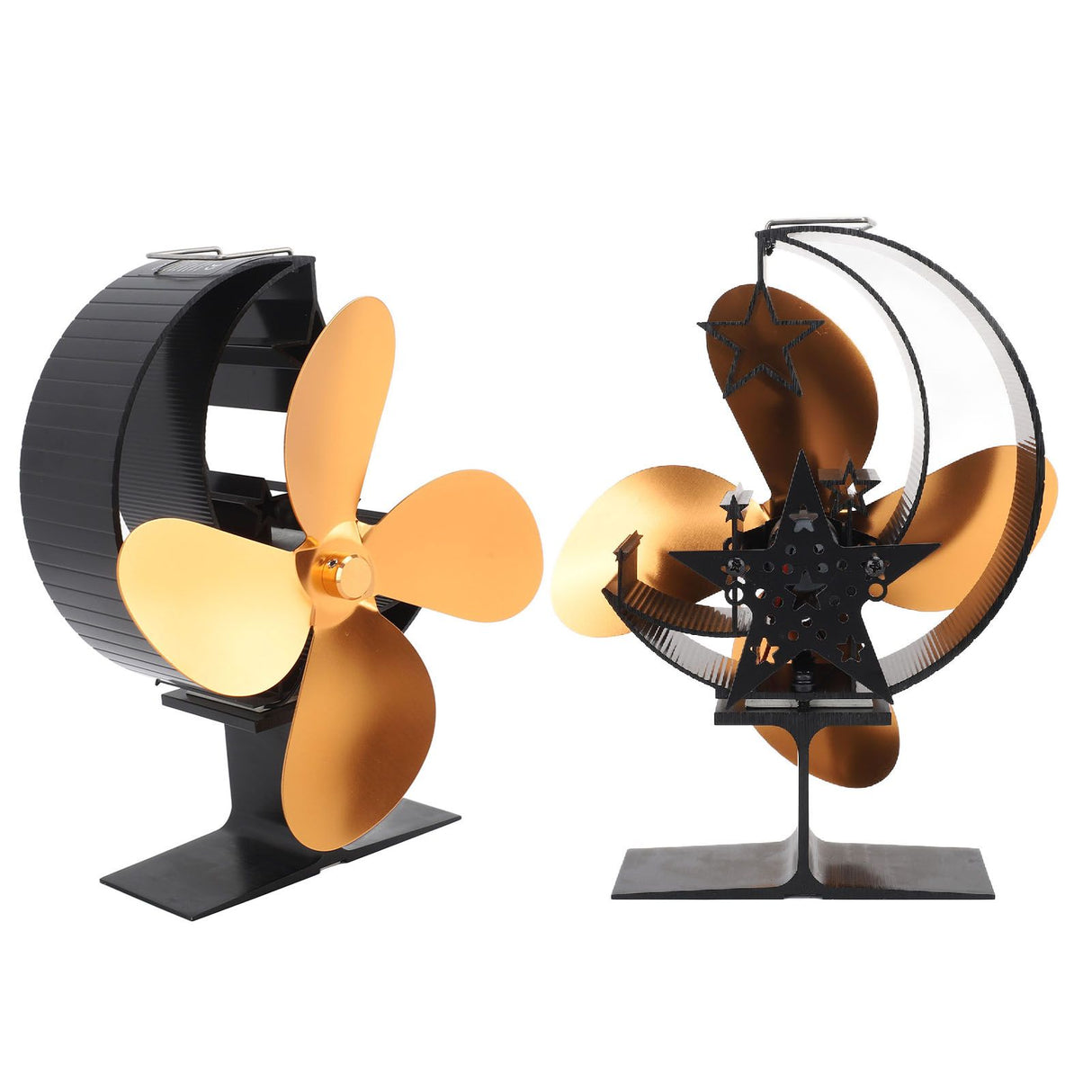 Wood Stove Fan 4 Blades Fireplace Fan Heat Powered Fast Warm Circulation Moon Star Pattern Termal Fan for Camping Outdoor Gold