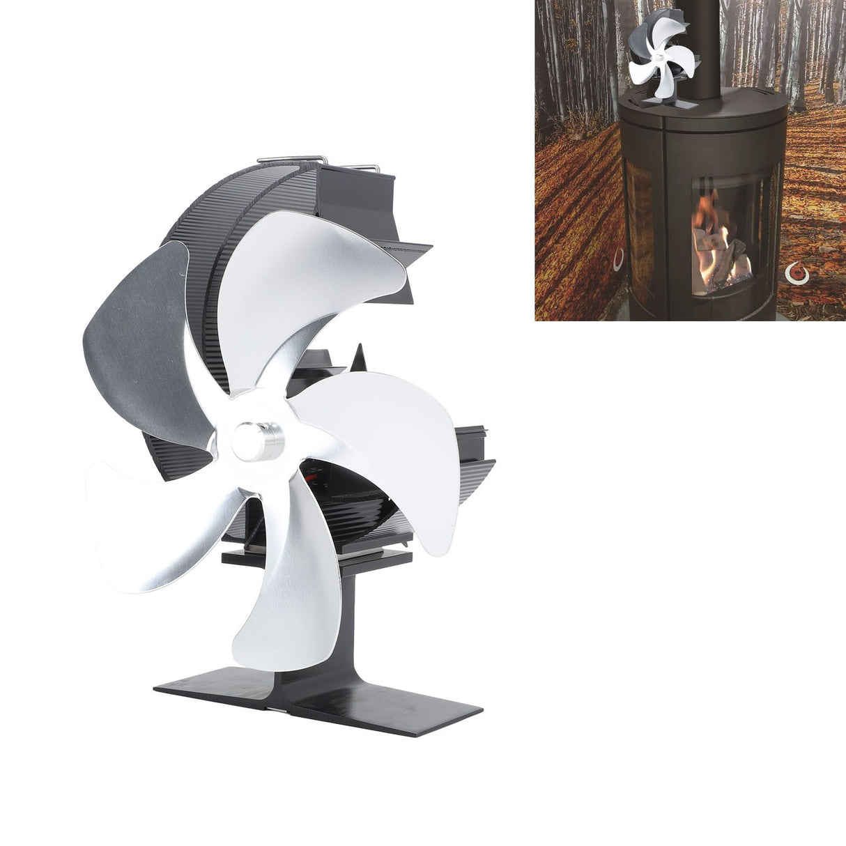 Wood Burner Fan 5 Blades Ultra Quiet Air Circulation Heating Energy Saving Heat Powered Fireplace Fan for Ice Fishing Camping Silver