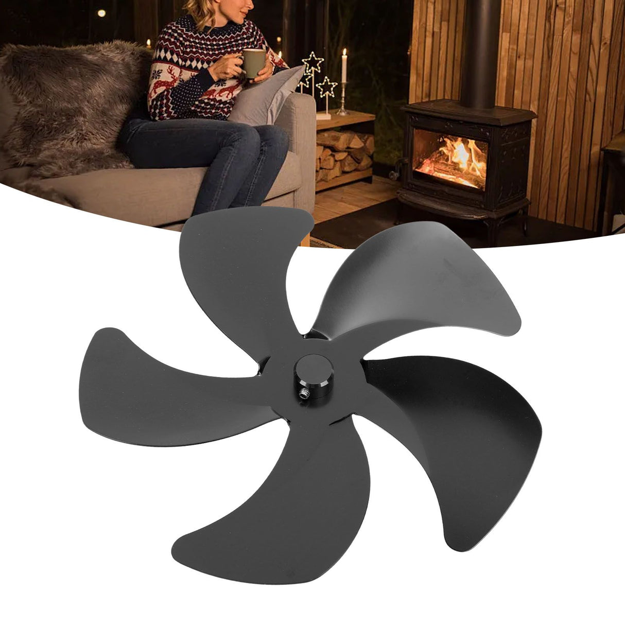 Stove Fan Blade Replacement Aluminum Alloy Enhance Warm Air Circulation Fireplace Fan 5 Blade for Stove Fan Accessories Black