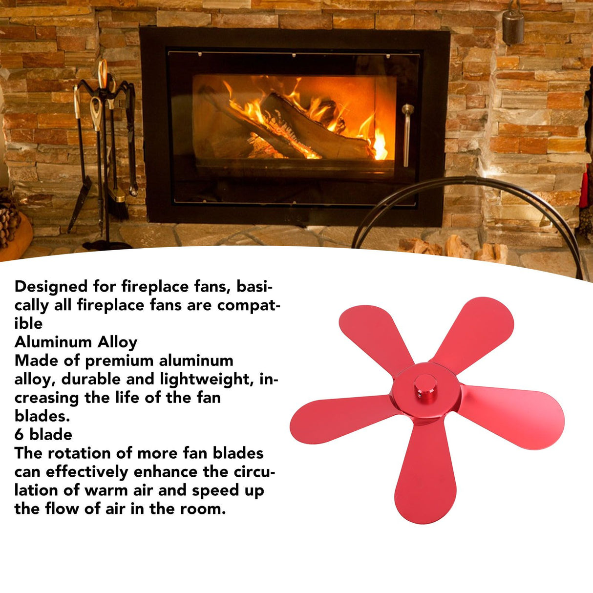 5 Blades Stove Fan Blade Aluminium Alloy Heat Powered Stove Fan Blades Replacement for Fireplace Fan Red