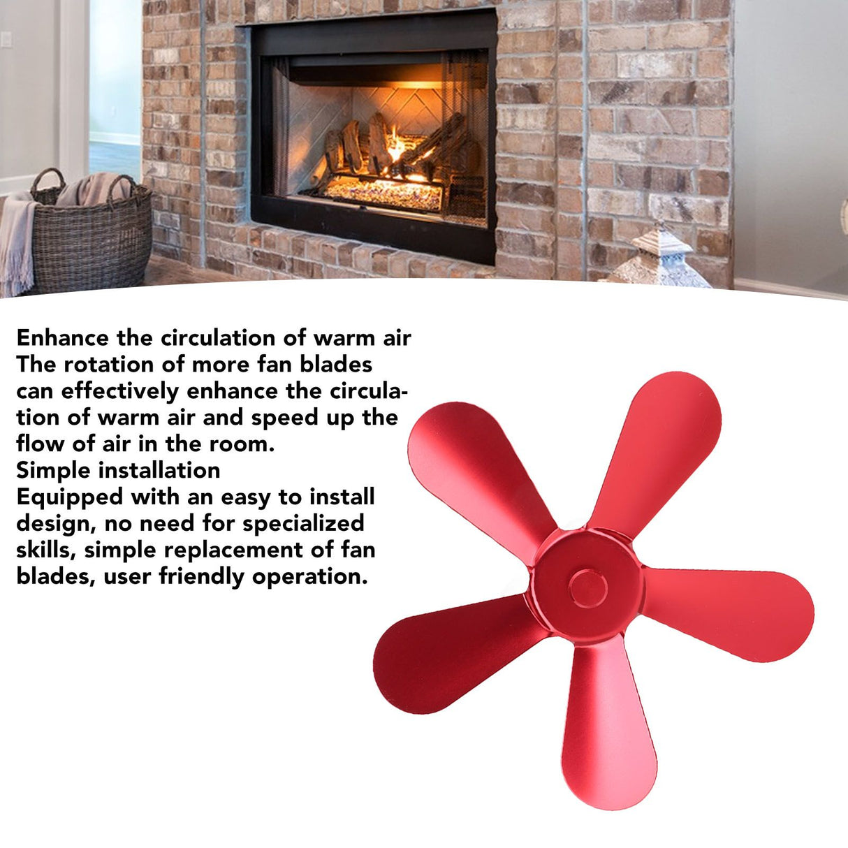 5 Blades Stove Fan Blade Aluminium Alloy Heat Powered Stove Fan Blades Replacement for Fireplace Fan Red