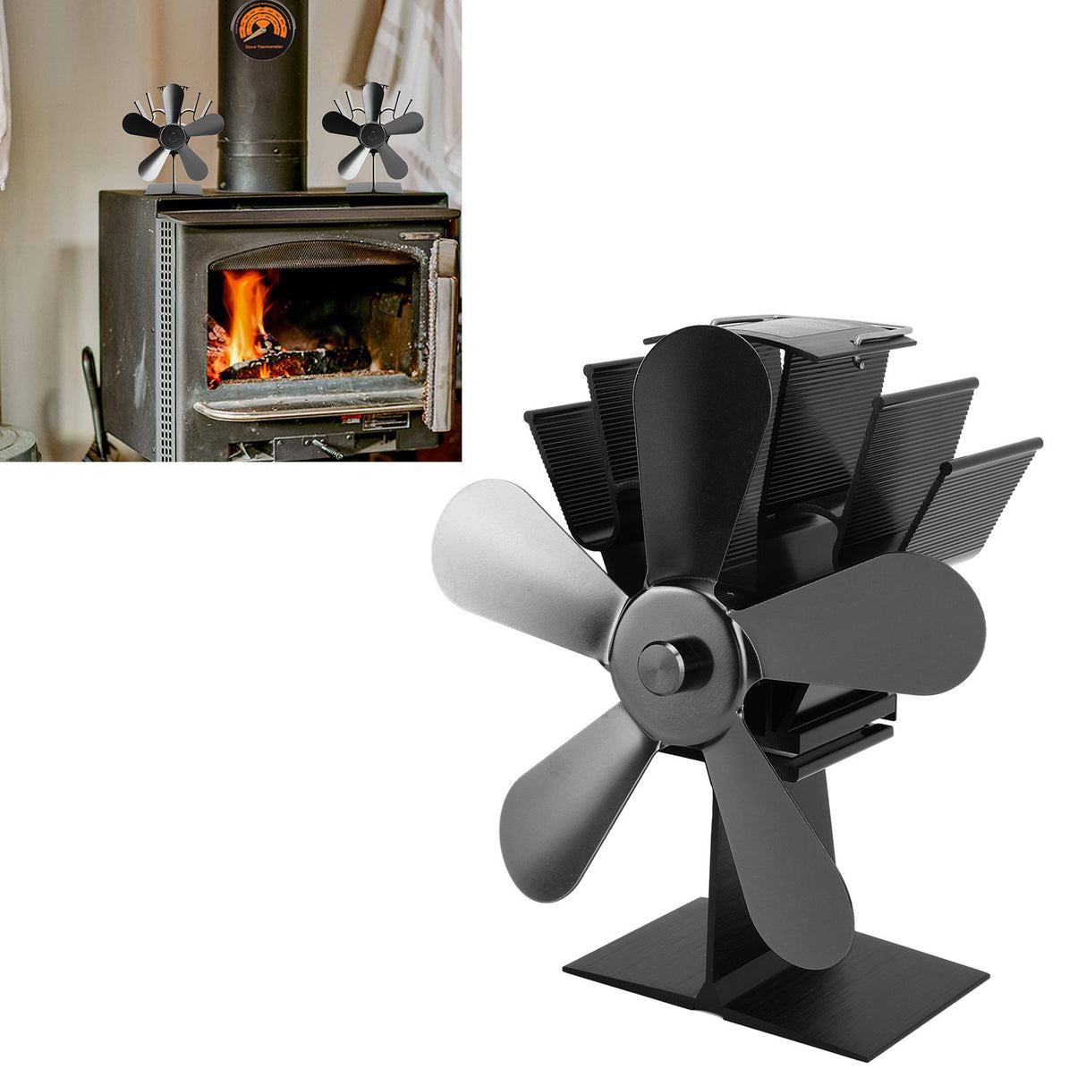 Wood Stove Fan 5 Blades Fireplace Fan Heat Powered Stove Fan for Wood Burning Stove Pellet Log Burner Fireplace Vertical Rectangular Black