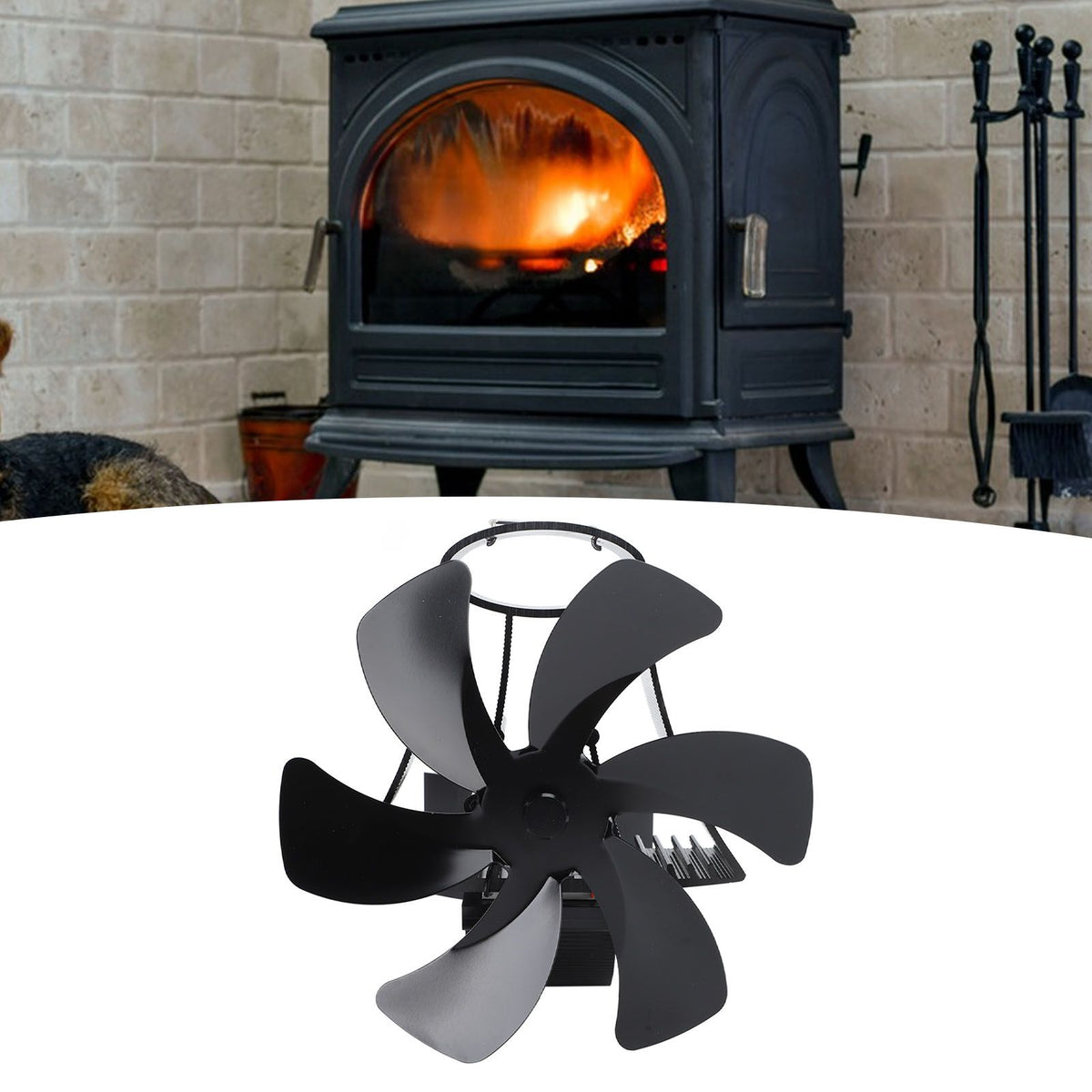 6 Blade Magnet Wall Mount Heat Powered Stove Fan Pipe Fireplace Fan Magnetic Installation for Wood Log Burners Black