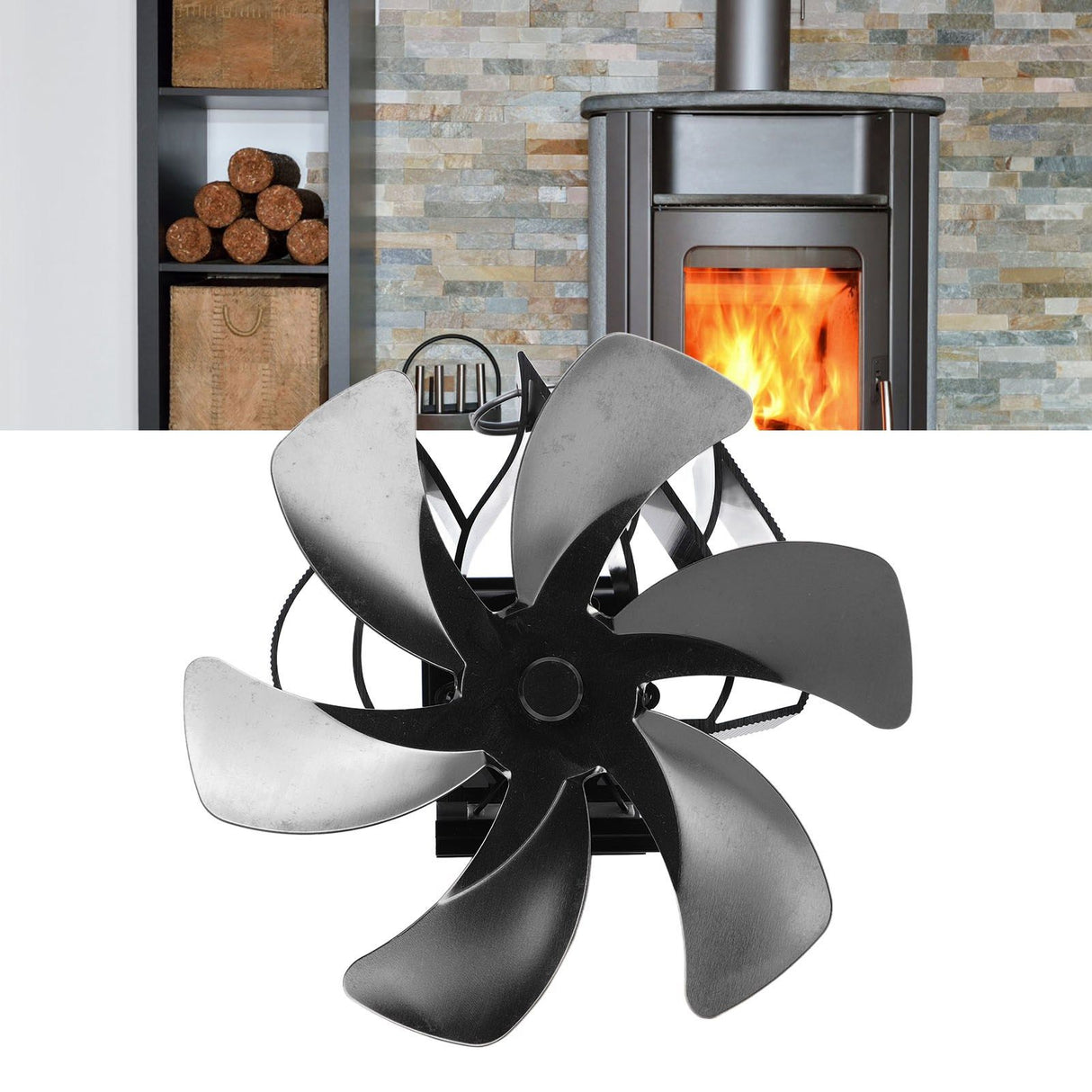 Wood Stove Fan Heat Powered 6 Blades Hanging Stove Fan Silent Flue Pipe Hanging Fireplace Fan Eco Friendly Wall Mount Black
