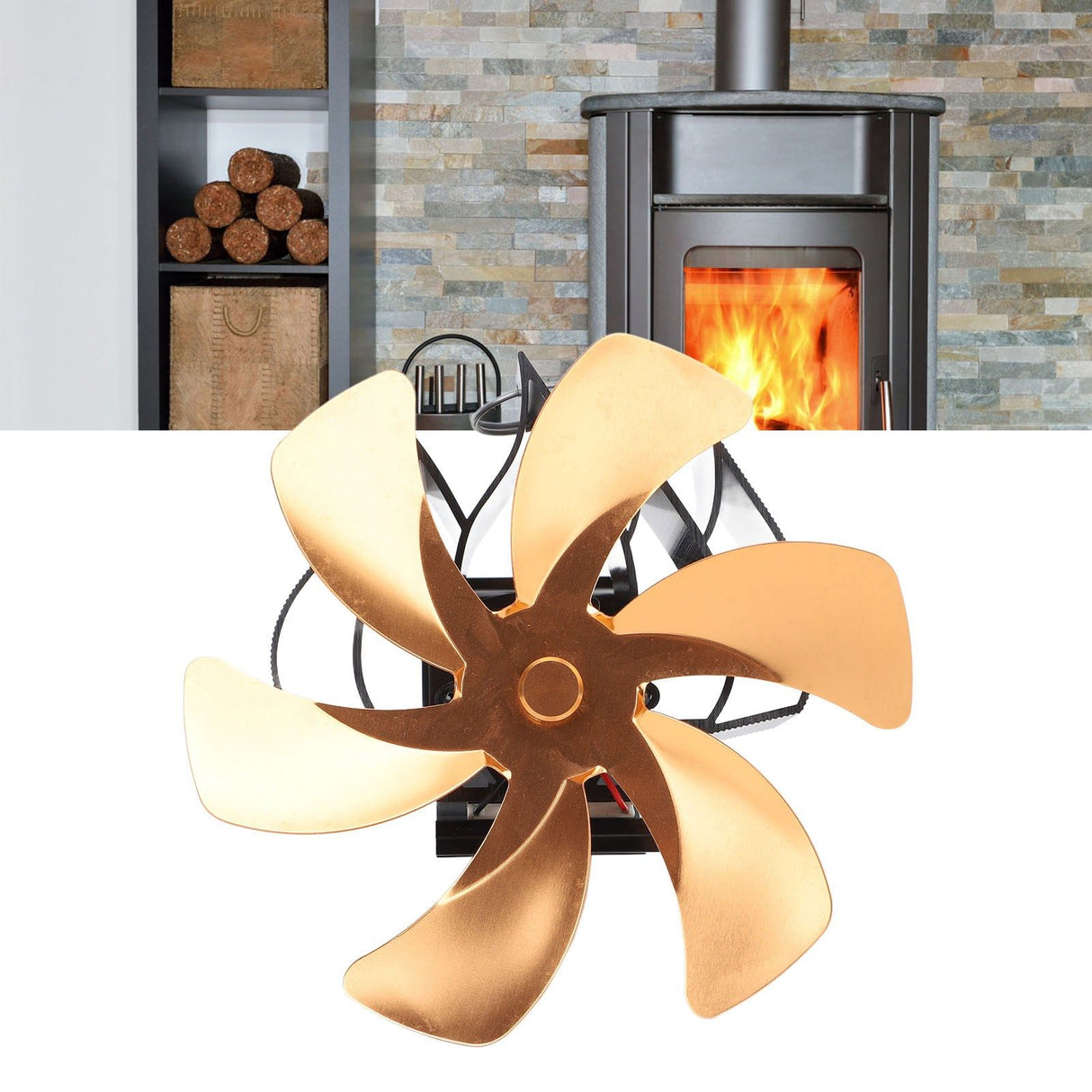 Wood Stove Fan Heat Powered 6 Blades Hanging Stove Fan Silent Flue Pipe Hanging Fireplace Fan Eco Friendly Wall Mount Gold