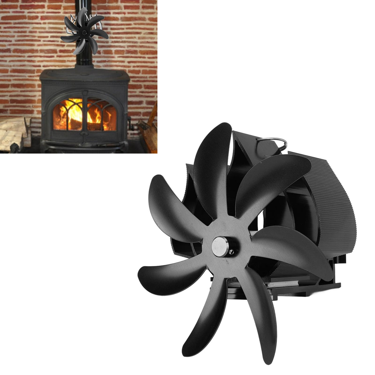 Wood Stove Fan 7 Blade Aluminum Alloy Low Noise Wall Hanging Heat Powered Stove Fan with Fixing Loop for Home Log Burning Stove Camping Black