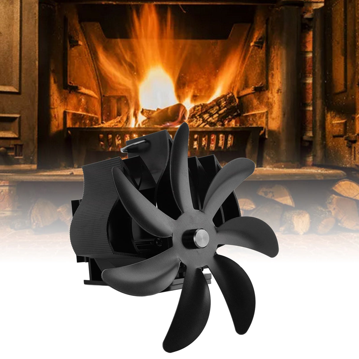 Wood Stove Fan 7 Blade Aluminum Alloy Low Noise Wall Hanging Heat Powered Stove Fan with Fixing Loop for Home Log Burning Stove Camping Black
