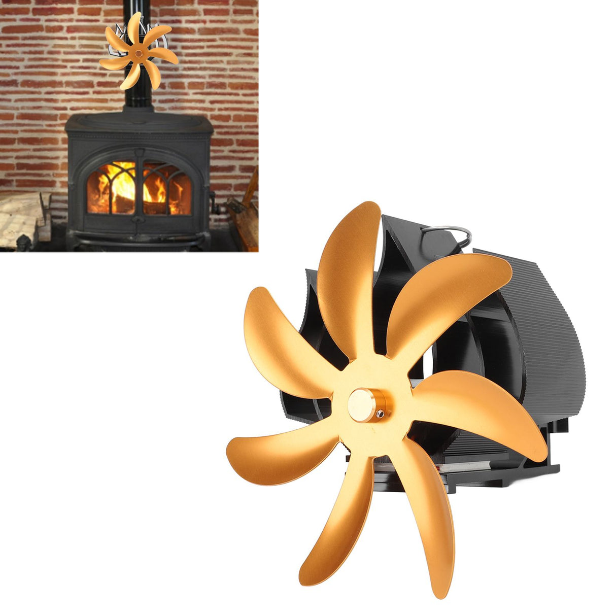 Wood Stove Fan 7 Blade Aluminum Alloy Low Noise Wall Hanging Heat Powered Stove Fan with Fixing Loop for Home Log Burning Stove Camping Gold