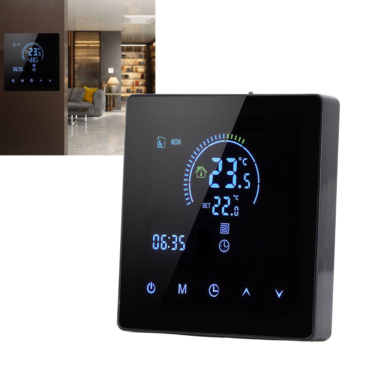 16A Digital Thermostat with LCD Display Programmable Thermostat Electric Heating Thermostat for Home Office Hotel AC 90V‑240V Black Without WiFi