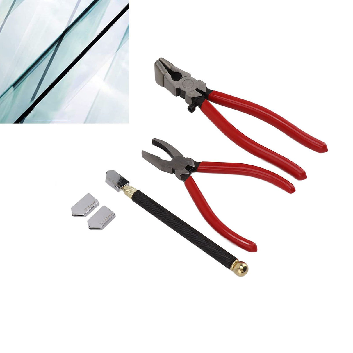 Glass Cutter Tool Kit Breaker Pliers Curve Jaw Glass Running Pliers Kit Glass Cutter Pen 2pcs Blades with Oil Dropper Screwdrive