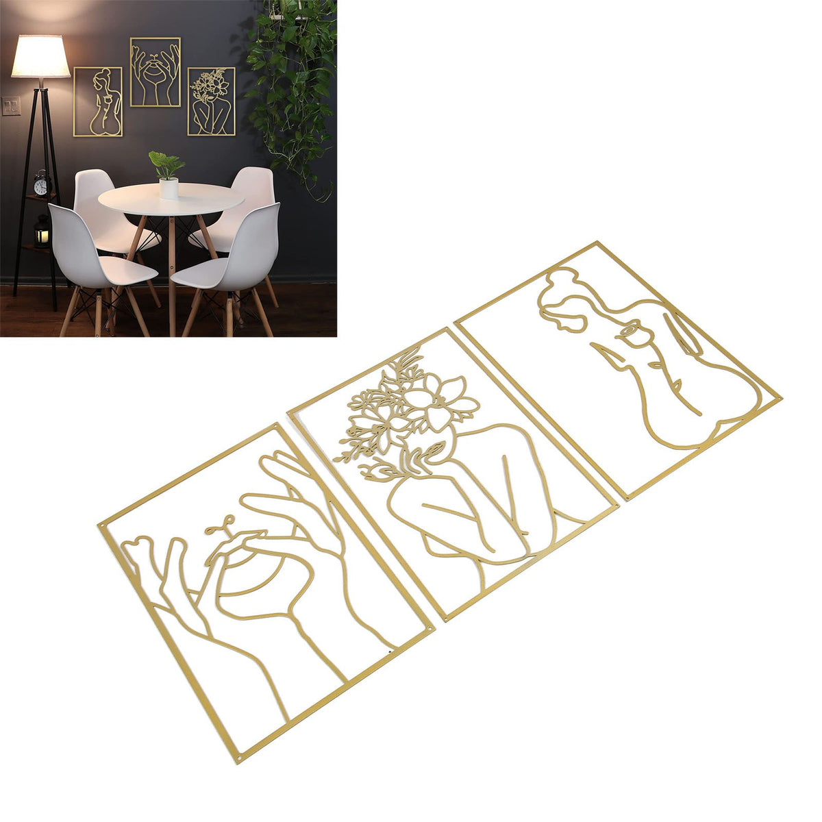 Single Line Art Wall Decor Iron Minimalist Female Line Drawing Home Hanging Wall Decor for Bedroom Kitchen Bathroom Living Room Gold 3PCS