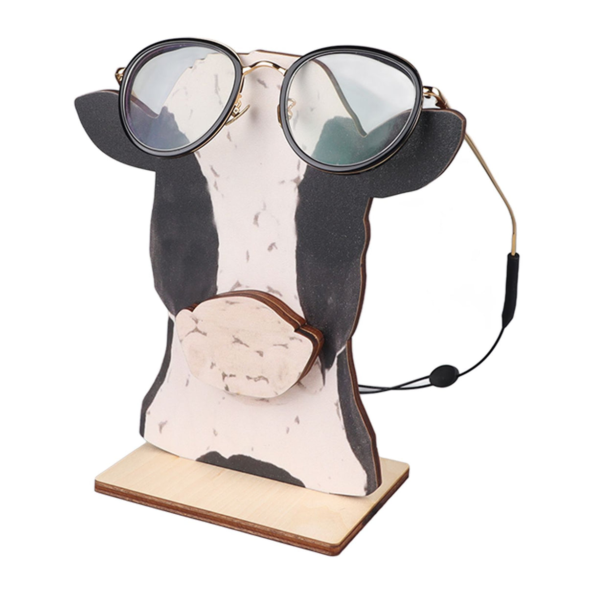 Cow Head Wearing Glasses Statues Wooden Decorative Cow Eyeglasses Display Stand Holder for Desktop Office