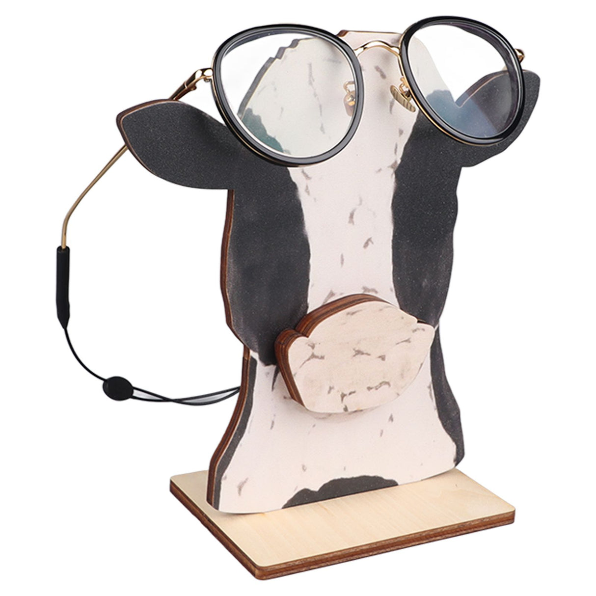 Cow Head Wearing Glasses Statues Wooden Decorative Cow Eyeglasses Display Stand Holder for Desktop Office