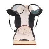 Cow Head Wearing Glasses Statues Wooden Decorative Cow Eyeglasses Display Stand Holder for Desktop Office