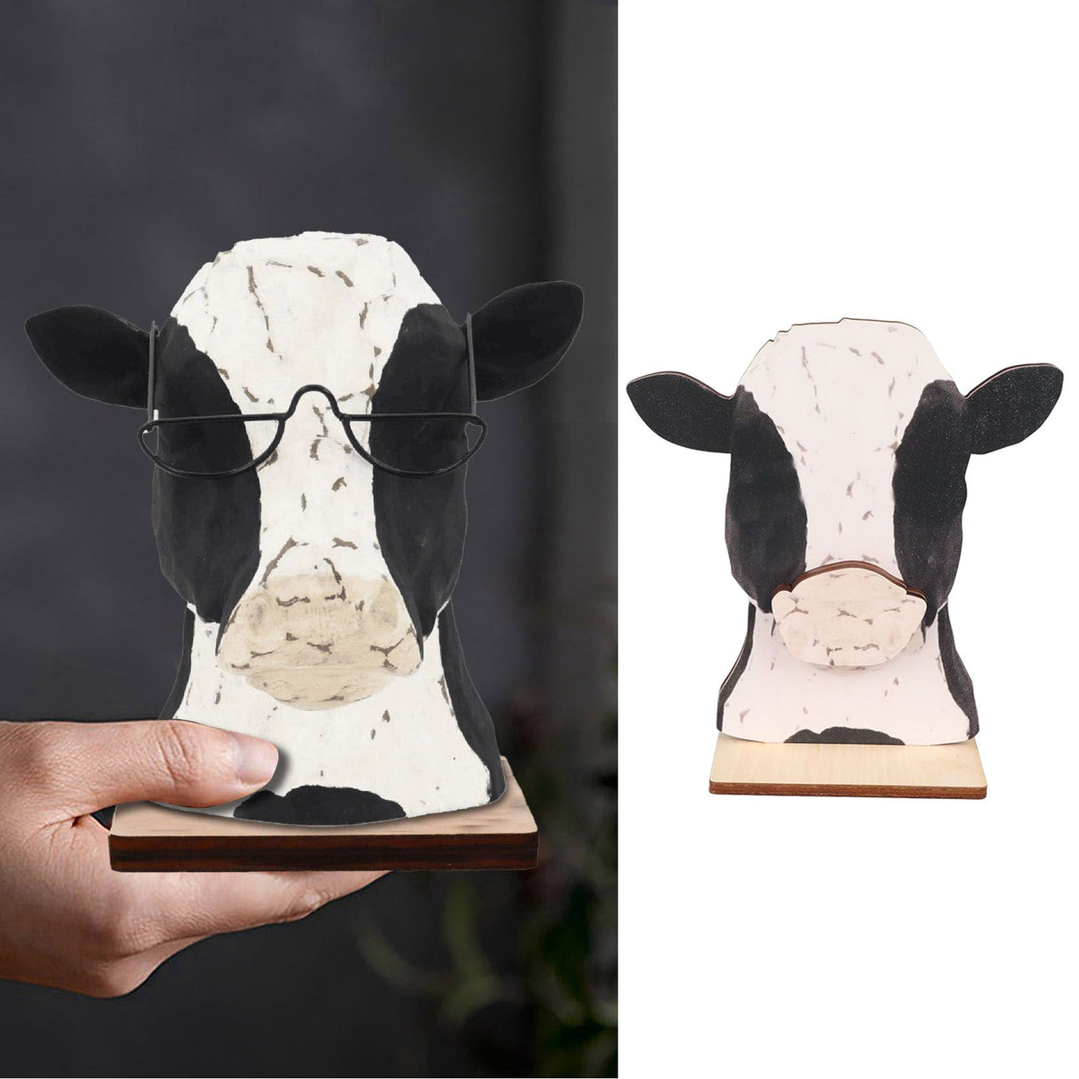 Cow Head Wearing Glasses Statues Wooden Decorative Cow Eyeglasses Display Stand Holder for Desktop Office