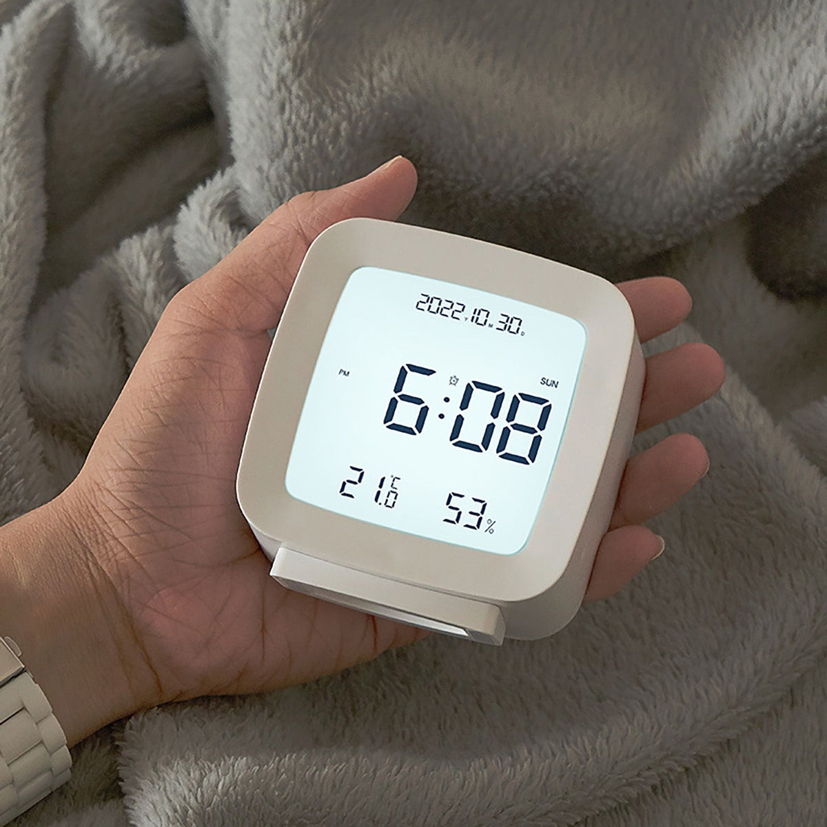 Kids Alarm Clock LED Digital Indoor Alarm Clocks with Temperature and Humidity Display for Kids White