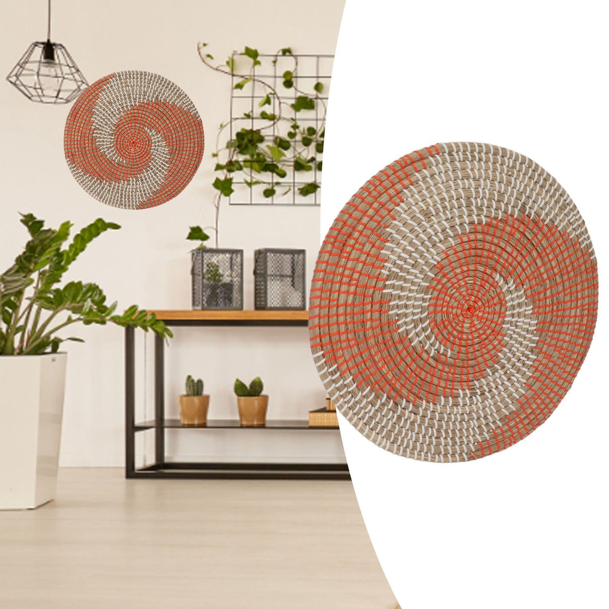 40CM Woven Wall Basket Decor Handmade Seagrass Versatile Bowl Insulation Hook Design Hanging Wall Decor for Living Room
