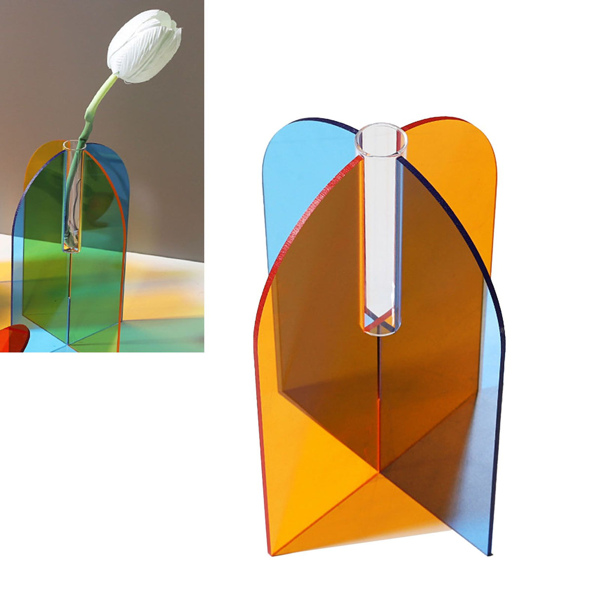 Acrylic Geometric Flower Vase Fine Detail Easy To Clean Acrylic Geometric Minimalist Vase for Living Room Table Door Slice Orange Blue 20x15x2cm