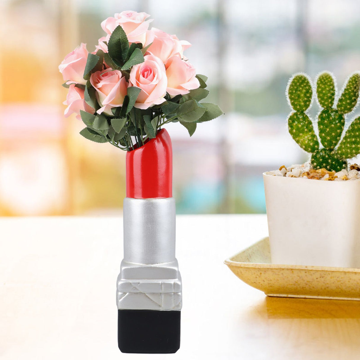 Creative Lipstick Shape Vase Beautiful Resin Exquisite Realistic Lipstick Shape Decorative Vase for Book Shop Coffee Shop Silver