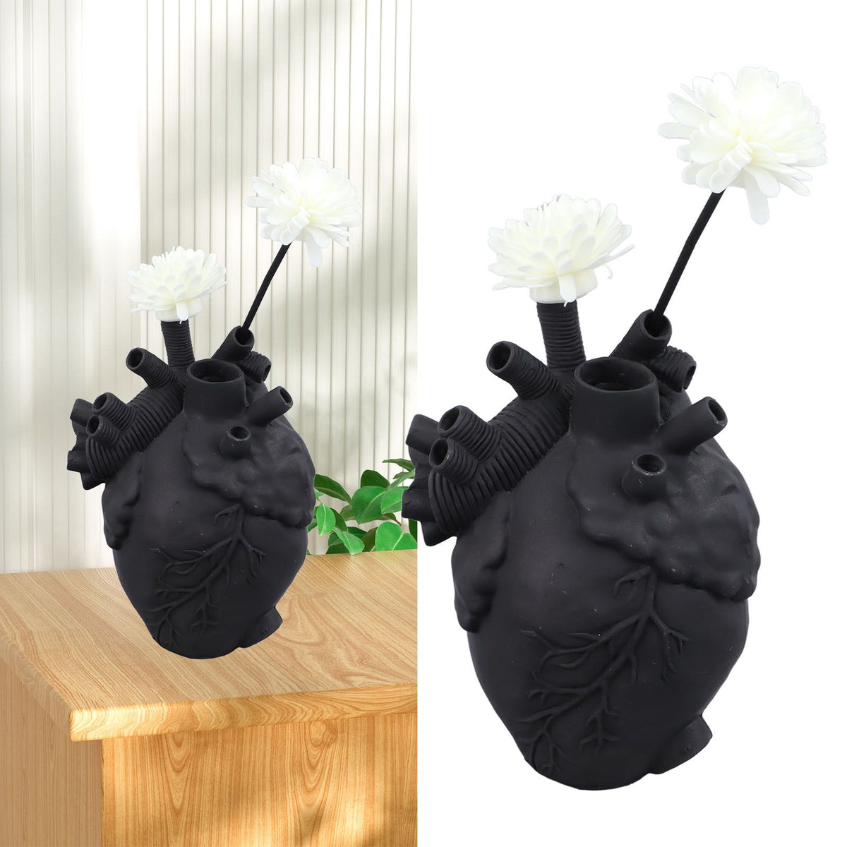 Creative Anatomical Heart Vases Resin Sculpture Heart Shaped Art Flower Vases Desktop Home Decoration for Living Room Black