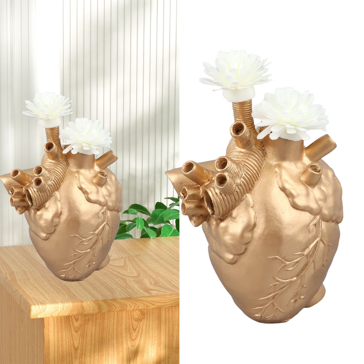 Creative Anatomical Heart Vases Resin Sculpture Heart Shaped Art Flower Vases Desktop Home Decoration for Living Room Gold