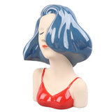Girl Face Vase Modern Decorative Sculpture Ceramic Head Flower Vase for Living Room Bedroom Office Blue - Front View