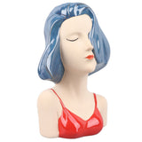 Girl Face Vase Modern Decorative Sculpture Ceramic Head Flower Vase for Living Room Bedroom Office Blue - Side View
