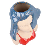 Girl Face Vase Modern Decorative Sculpture Ceramic Head Flower Vase for Living Room Bedroom Office Blue - Rear View
