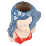 Girl Face Vase Modern Decorative Sculpture Ceramic Head Flower Vase for Living Room Bedroom Office Blue - Close-Up Angle
