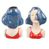 Girl Face Vase Modern Decorative Sculpture Ceramic Head Flower Vase for Living Room Bedroom Office Blue - Extra Image