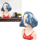 Girl Face Vase Modern Decorative Sculpture Ceramic Head Flower Vase for Living Room Bedroom Office Blue - Extra Image