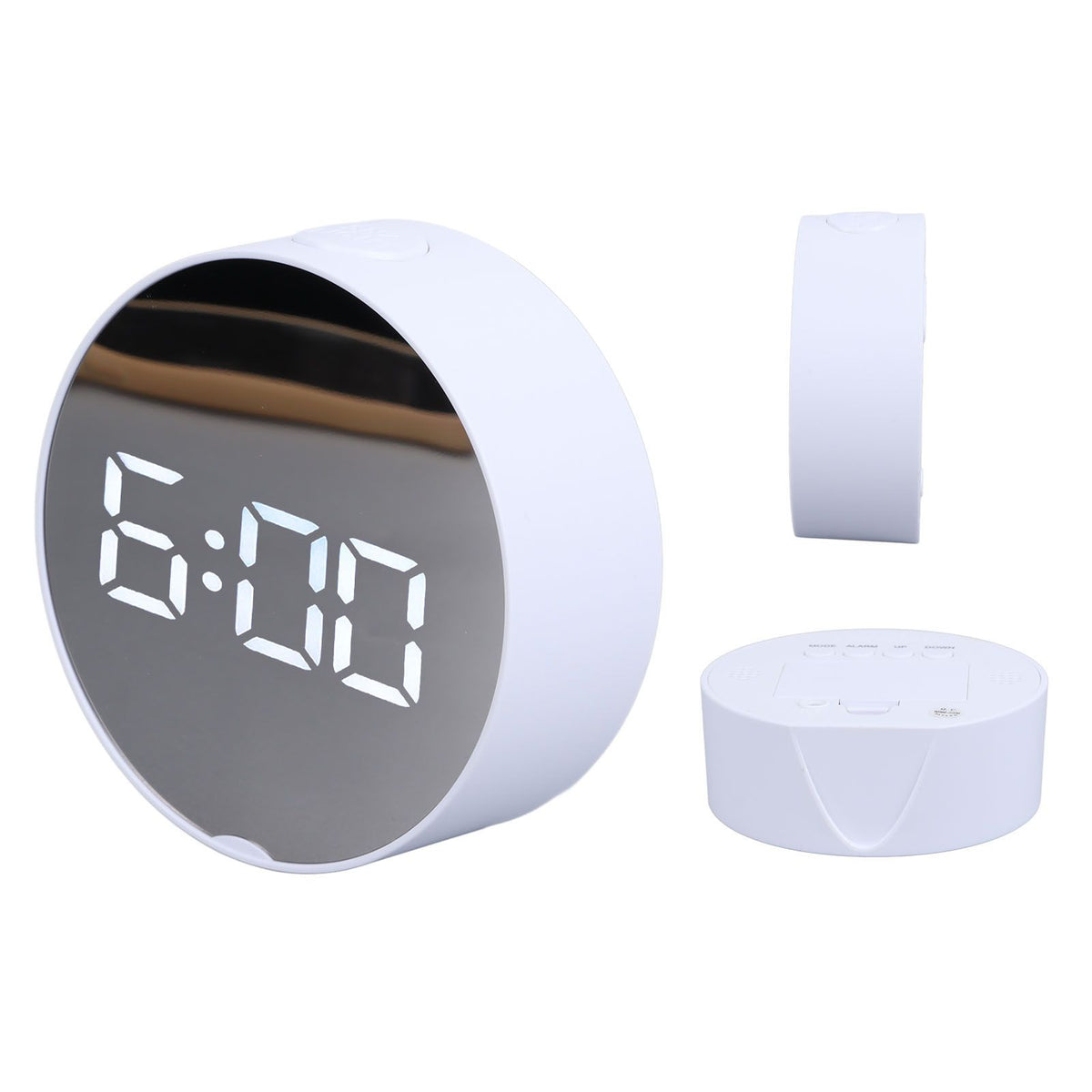 Digital Mirror Clock Alarm White Big Round Screen Easy to Read Portable LED Clock for Office Bedroom Travel