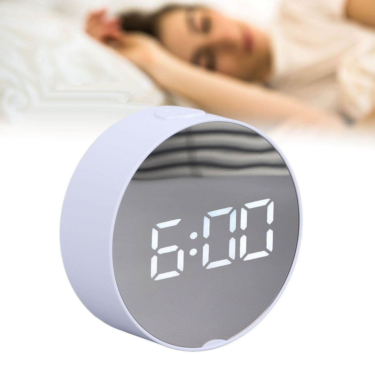 Digital Mirror Clock Alarm White Big Round Screen Easy to Read Portable LED Clock for Office Bedroom Travel