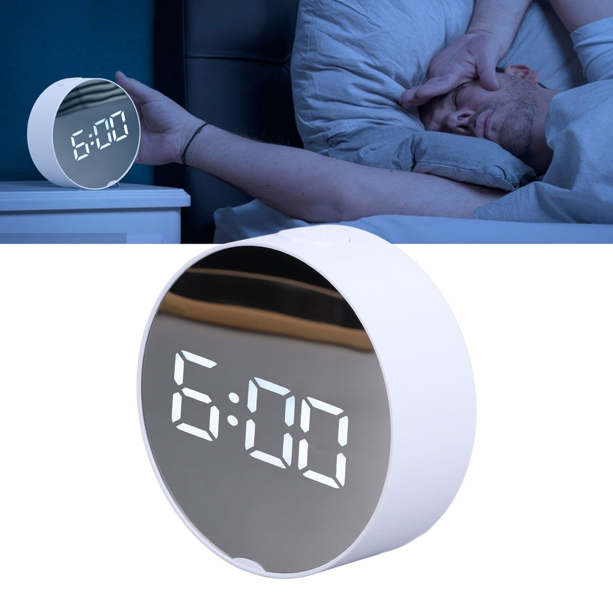 Digital Mirror Clock Alarm White Big Round Screen Easy to Read Portable LED Clock for Office Bedroom Travel