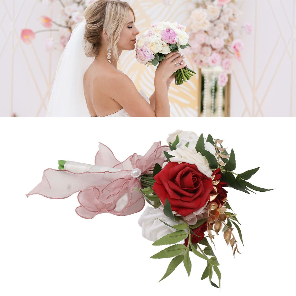 Wedding Bouquets Silk Plastic Realistic Romantic Hand Bouquet for Valentine's Day Party Church Burgundy And White